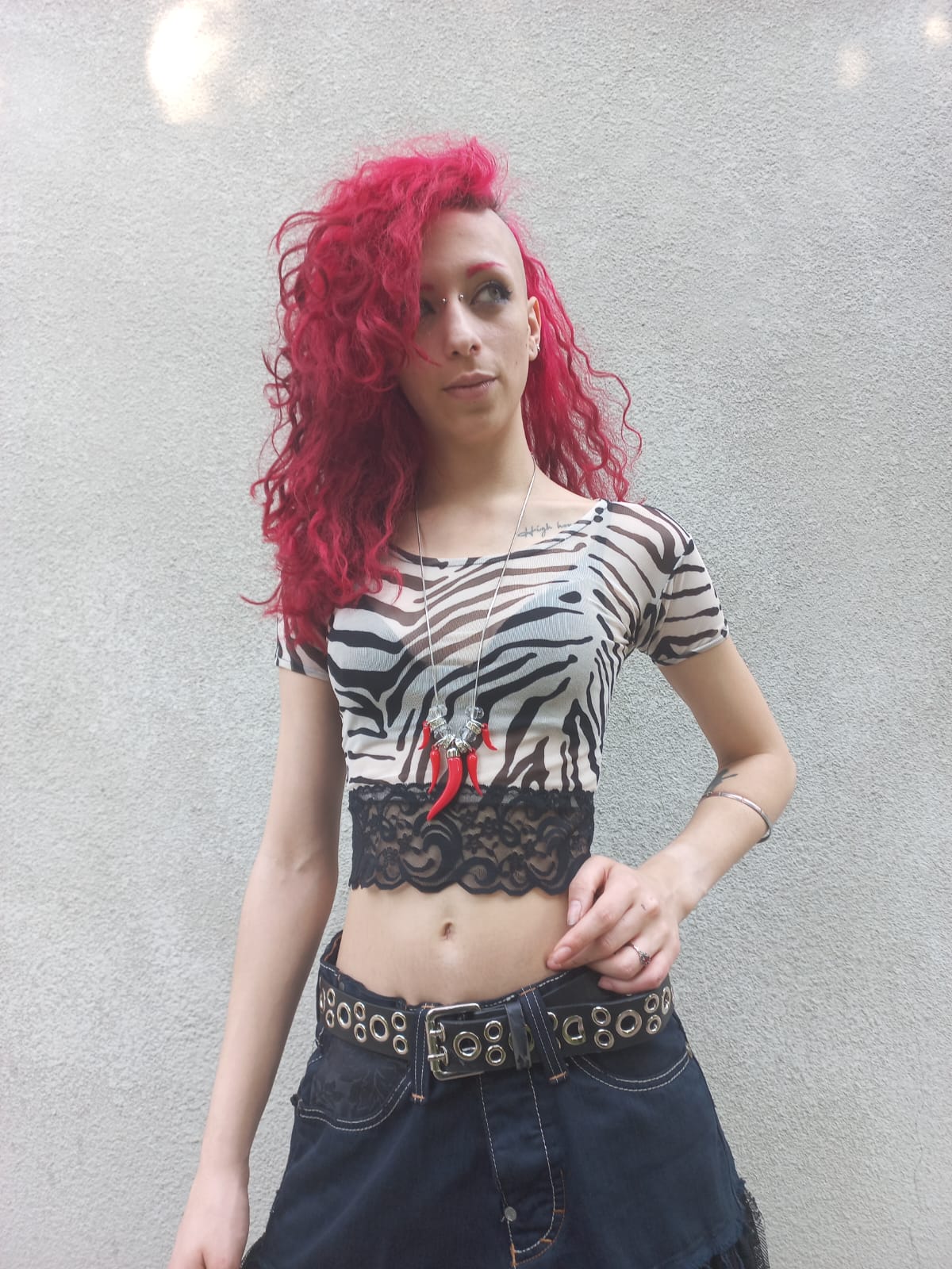 Crop top in tulle zebrato con bordo in pizzo nero