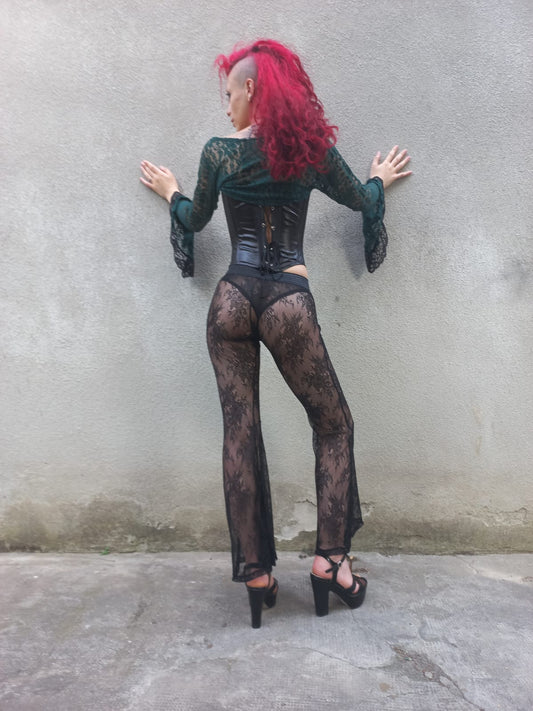 Pantaloni a zampa in pizzo nero