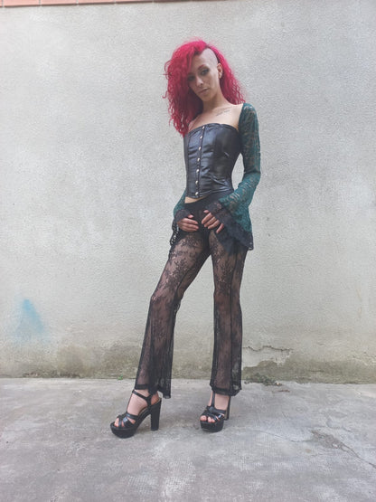 Bustino in cotone nero effetto pelle con chiusura frontale