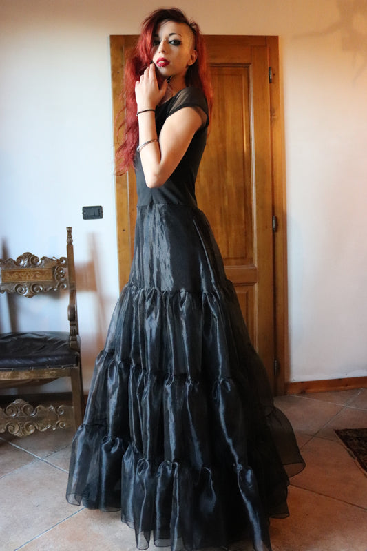 Long Black Dress with Elastic Bodice, Transparent Sleeves and Décolleté, Wide Organza Skirt