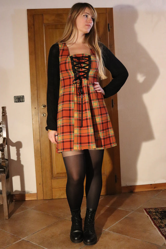 Short flared stretch dress with orange and green tartan pattern