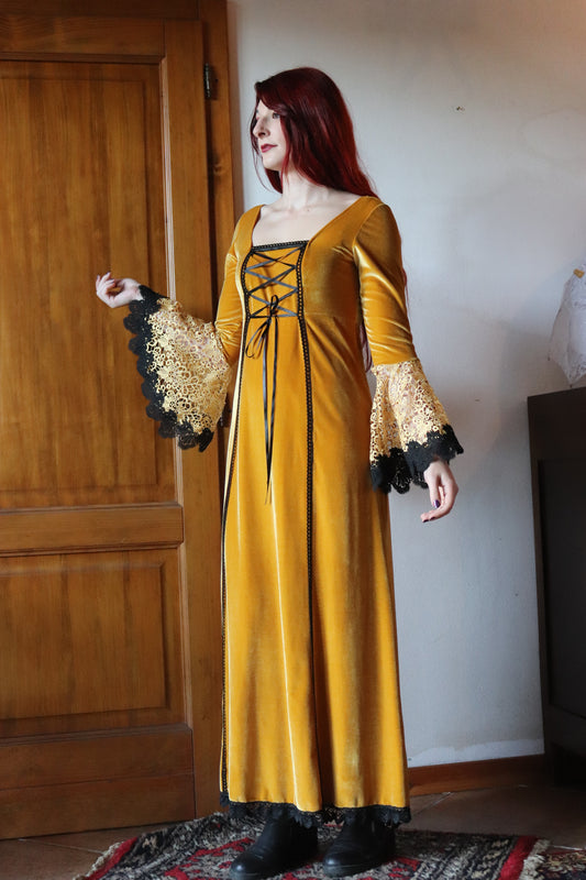 Long Flared Dress in Ocher Velvet