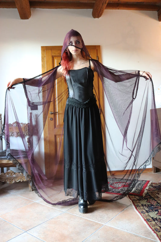 Plum Netted Voile Cloak with Hood