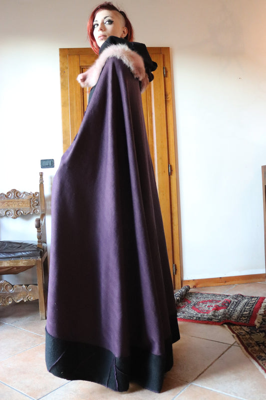 Purple Wool Cloak with Hood and Patchwork Details in Black Wool - Pink Fox Fur