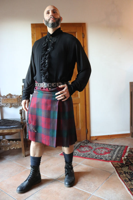 Burgundy and Green Wool Blend Kilt with Studded Trimmings