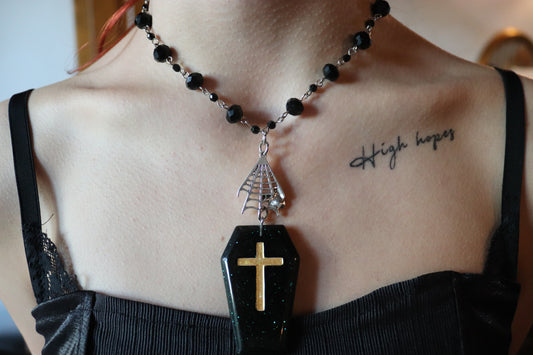 Choker of Black Crystals and Nickel-Free Metal with Coffin Pendant in Plexiglas and Spiderweb