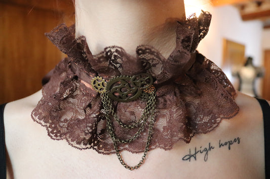 Brown Lace Collar with Bronze Gears and Chains