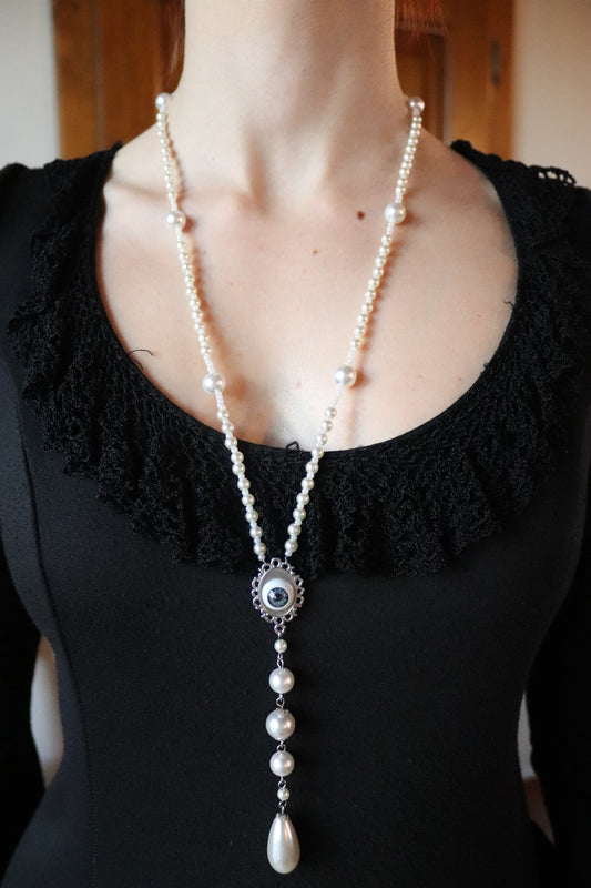 Necklace with Pearls and Cameo Eye Pendant with Drop - Nickel-Free