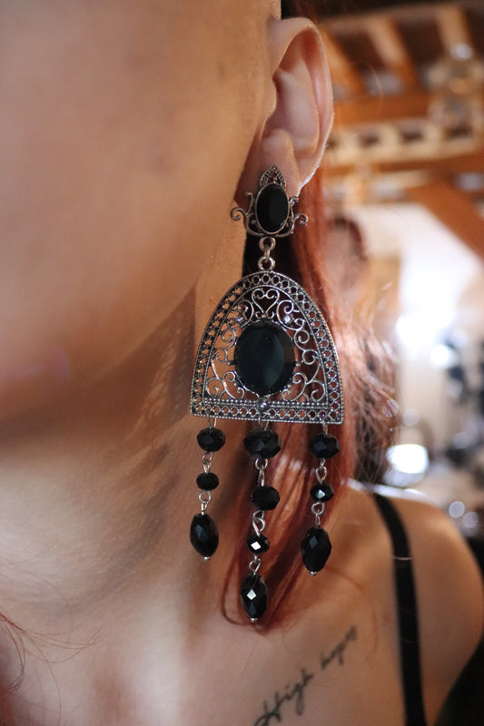 Pair of Nickel-Free Metal Drop Earrings with Black Crystals - Length 90 mm