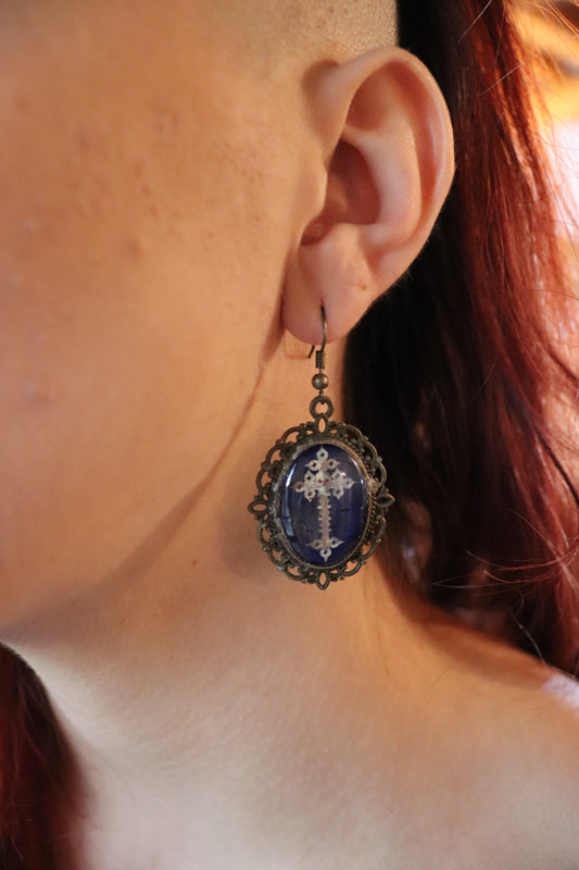 Pair of Bronze Pendant Earrings with Cross-Shaped Glass Cameo