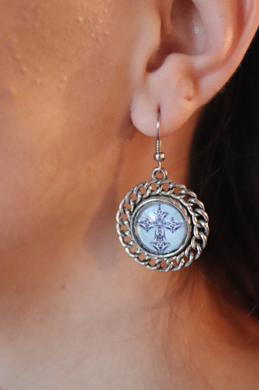 Pair of Pendant Earrings with Cross-Shaped Glass Cameo