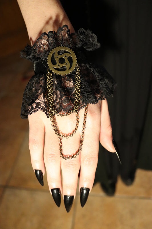 Steampunk Bracelet in Black Lace with Gear and Bronze Chains