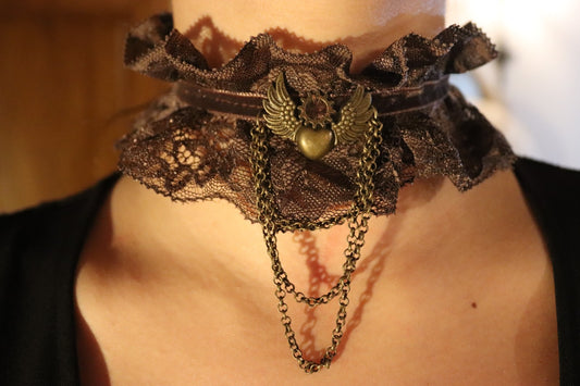 Steampunk Collar in Brown Lace with Winged Heart, Gear and Bronze Chains - Nickel-Free