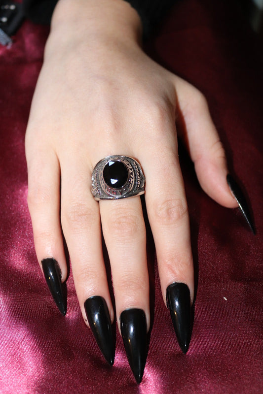 Steel Ring with Elegant Black Crystal