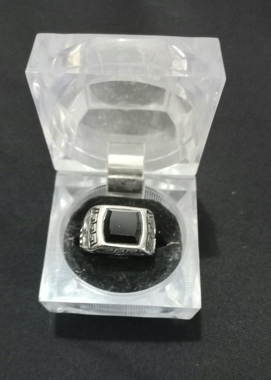 Rectangular Ring in Steel with Elegant Black Crystal