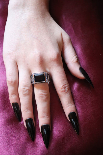 Steel Ring with Lily Details and Rectangular Black Crystal