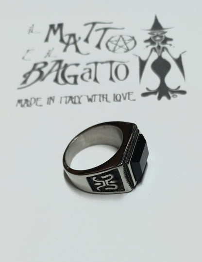 Steel Ring with Lily Details and Rectangular Black Crystal