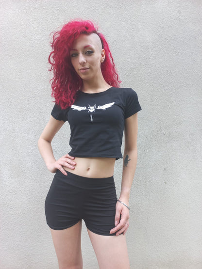 Crop top in cotone nero con stampa pipistrello